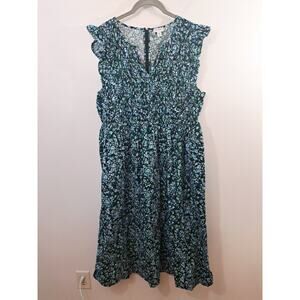 J. Crew Dress Women's Blue Floral V neck Size XXL Smocked Midi Pockets